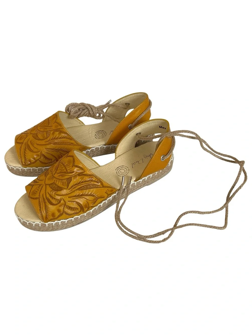 Rare Alexis David Hand Tooled Artisan Leather Espadrille Sandals - 8 - Yellow